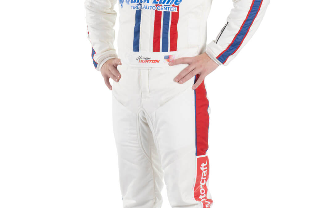 Harrison Burton in racing uniform a hat on