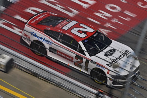 Number 21 Mustang NASCAR top view on track
