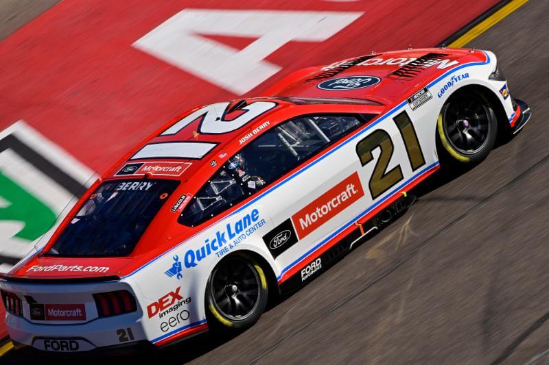 Angled shot of car number 21 on track