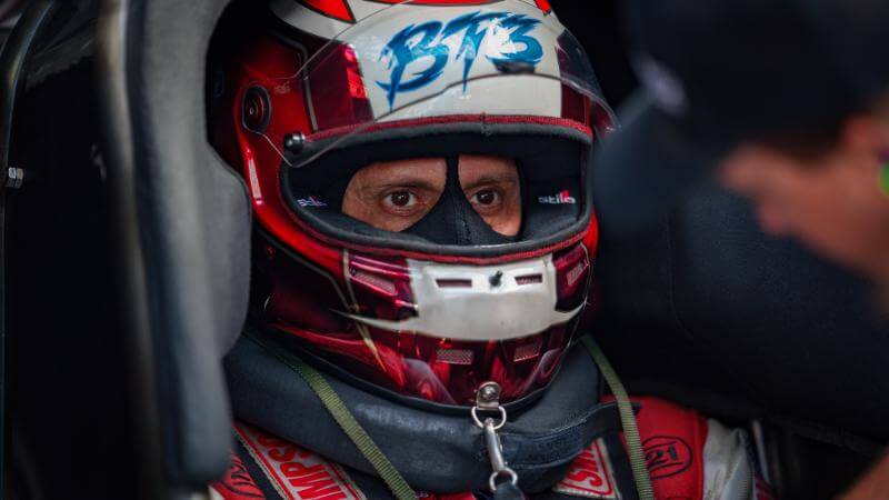 Close up of Tasca with his helmet on