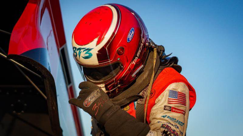 Candid close up of Tasca with protective gear on