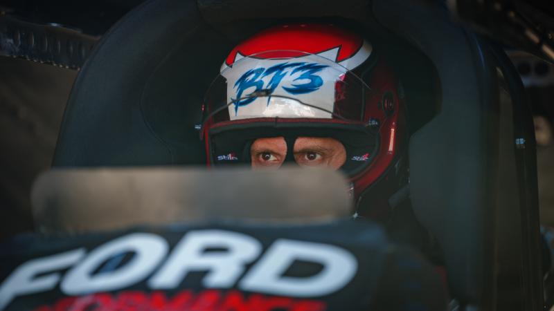 Close up shot of Tasca in his helmet