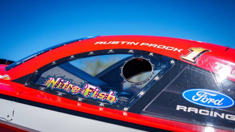 Close up of the driver's window and stickers showing Ford Racing